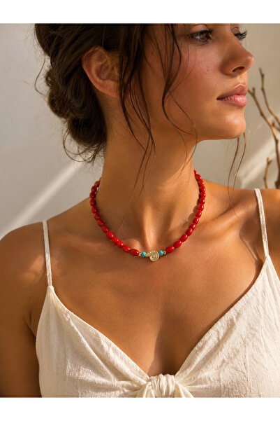 ANKA JEWELLRY Red Natural Stone Looking Beaded Shell Detail Gold Color Women'...