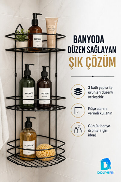 DolphFin 3 Katlı Banyo Köşe Rafı Siyah Metal Duş Rafı Şampuan Sabunluk Organizer