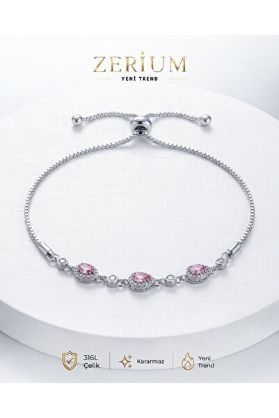 ZERİUM Women's Steel Elevator Bracelet Silver Color Oval Pink Stone
