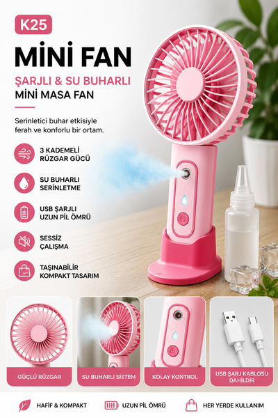 Coverzone Mini Fan Vantilatör Şarjlı Su Buharlı Taşınabilir Masa Fanı Buharlı...