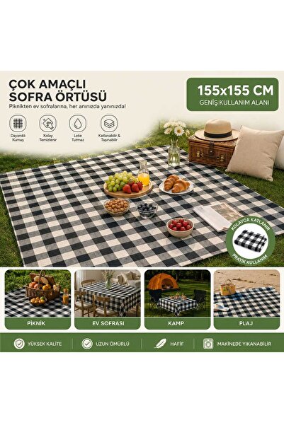 Ecoflex Kare Desen kareli desen Masa Örtüsü, Sofra Bezi, Piknik Örtüsü siyah-...