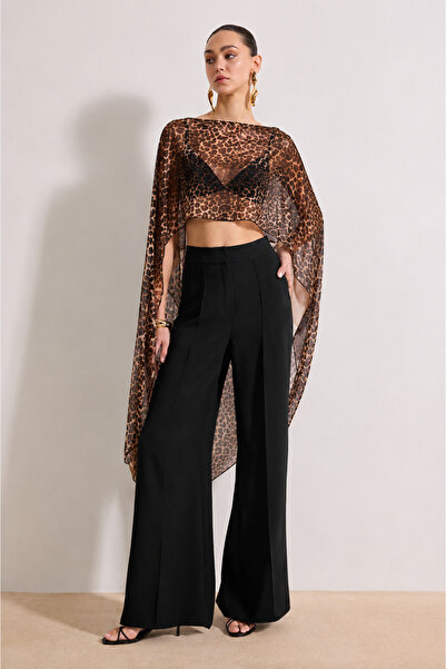 pistore Leopard Asymmetrical Cut Unlined Chiffon Cape Party Blouse