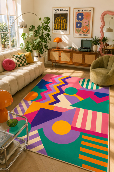 PINKIE HOME Dijital Kaymaz Yıkanabilir Renkli Retro Salon Halısı Mutfak Halıs...