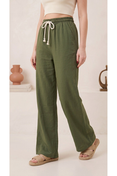 Zenvia Khaki Women's Muslin Palazzo Sweatpants High Waist Wide Leg