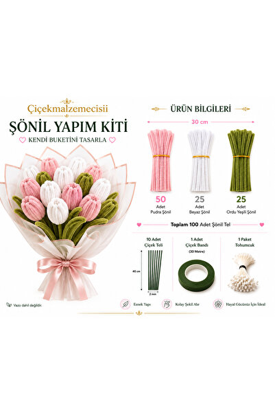 KLC Çiçek Malzemecisii Şönil Yapım Kiti Full Set | 100 Adet Şönil + 40 cm Çiç...