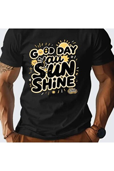 17 seramik تي شيرت رجالي بطبعة GOOD DAY YOU SUN SHINE، أصفر جريء وأسود مع طبا...