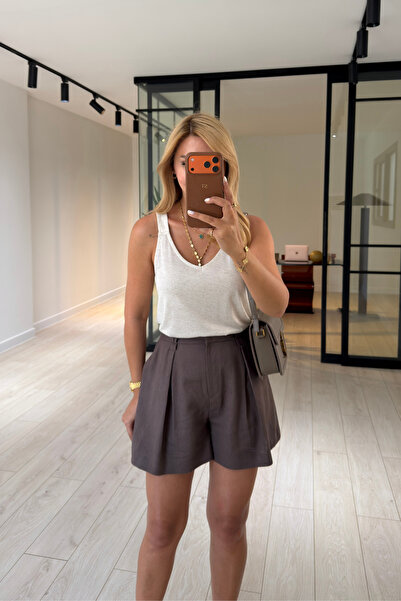 Sezgi Tekin Thick Strapped V-Neck Linen Textured Natural Blouse