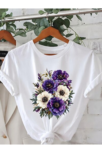 212Wear تي شيرت نسائي بأكمام قصيرة وياقة دائرية من Deep Purple Anemone Bunch،...