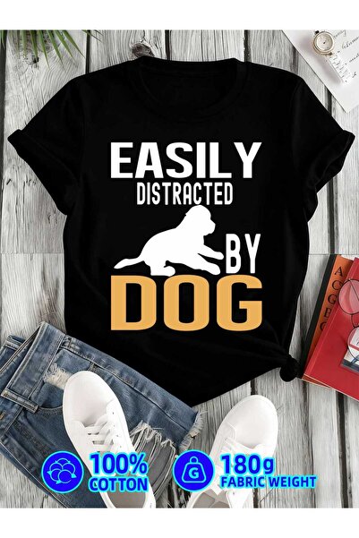 BASEPULSE تي شيرت بطبعة "Easily Distracted Dog" للنساء، 180 جرام، 100% قطن أس...