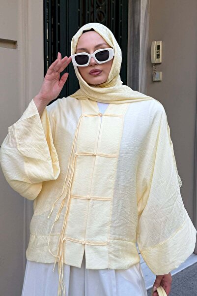 Modaensarbutik Süslü Düğmeli Dökümlü Modal Tül Kimono-SARI