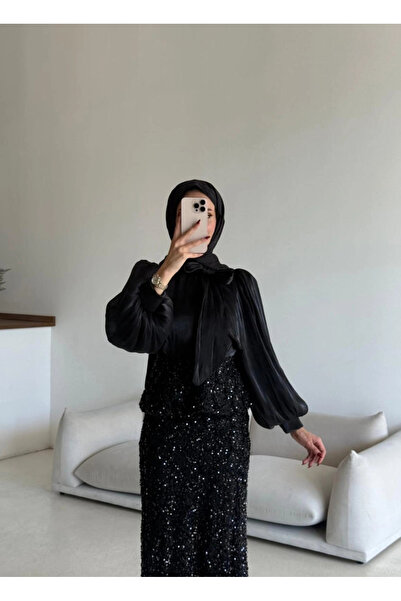 Butik Siyah Üstü Şifon Altı Pulpayet Kumaş İkili Takım Abiye Modelimiz