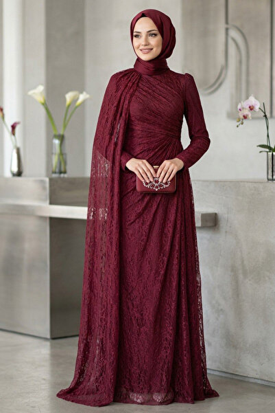 N.S NEVA STYLE Rochie de seară tesettür din dantelă, culoarea prune, 5659MU