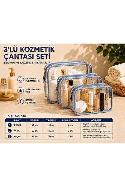 MODEL 3'lü Su Geçirmez Pvc Makyaj Ve Organizer Düzenleyici Seyahat Çantası Seti