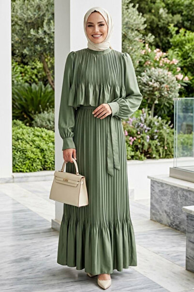 Neva Style Rochie musulmană plisată verde din crep satinat 95704CY