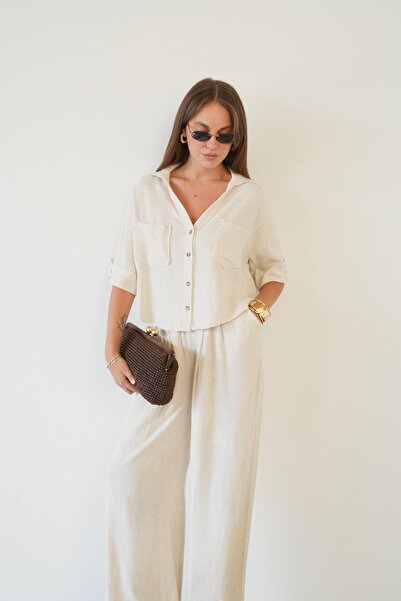 Myra Fashion Keten Gömlek Pantolon İkili Takım Çift Cepli Düğmeli Geniş Paça ...