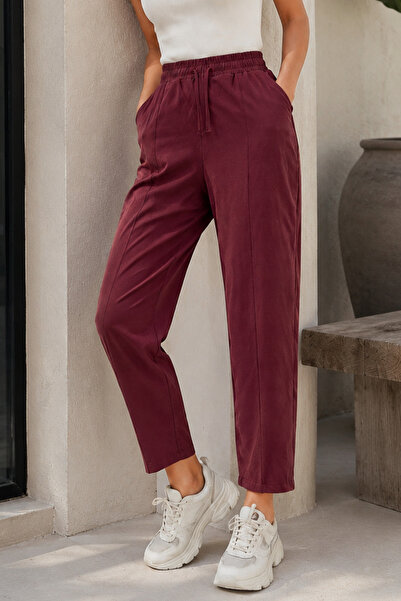 Rich Women's Burgundy Woven Carrot Pants with Elastic Waist