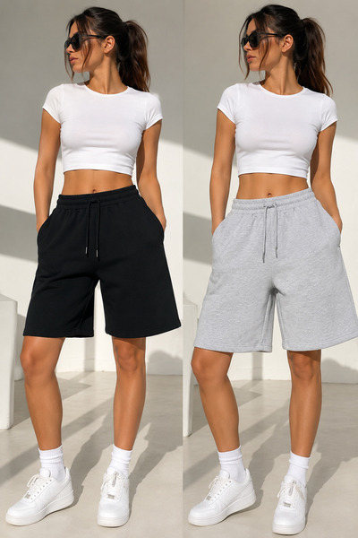 BEAXES 2'li Şort Kadın (Siyah-Gri) Oversize Terletmeyen Beli Bağcıklı Cepli Şort