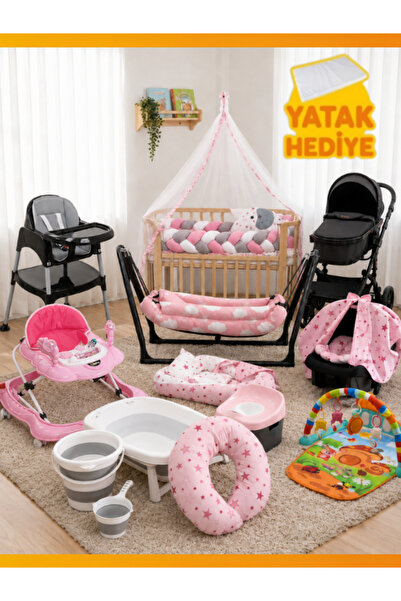 modabebekler Bebek Arabası 28 Parça Çeyiz Seti Anne Yanı Asansörlü Beşik Mama...