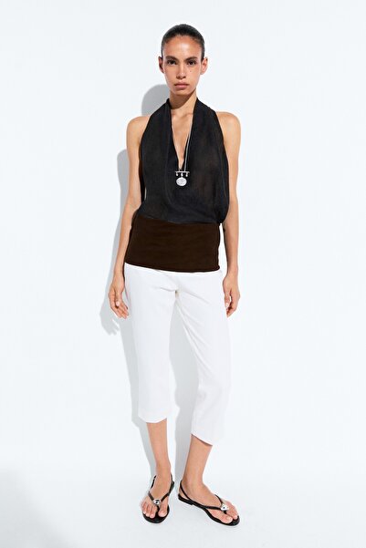 Massimo Dutti %100 keten kruvaze halter yaka top