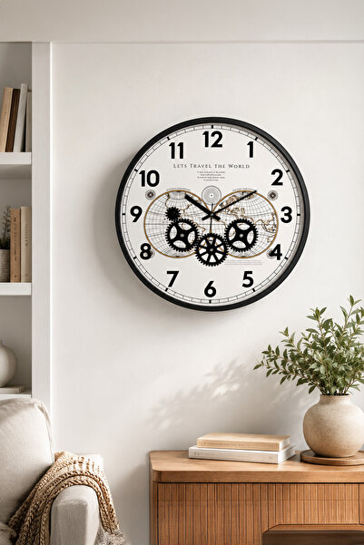 Muyika Design Dünya Haritalı Çarklı Duvar Saati 47 cm Metal Kasa MUYİKA Hareketli Mekanik İskelet Sessiz Akar Siyah-Atlas Travel 47