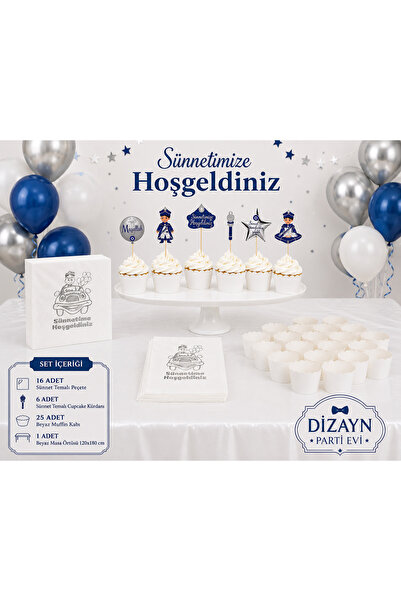 Dizayn Parti Evi Sünnet Temalı Parti Seti 25'li Beyaz Muffin Kabı, 16'lı Peçe...