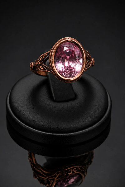 OSMANLI GÜMÜŞ Women's Copper Ring with Pink Quartz Natural Stone Oval Model C...