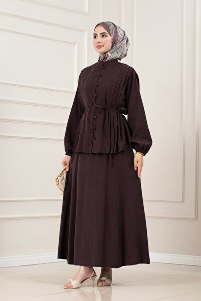 Sevitli Birit Detailed Pleated Lavin Double Set - Mürdüm