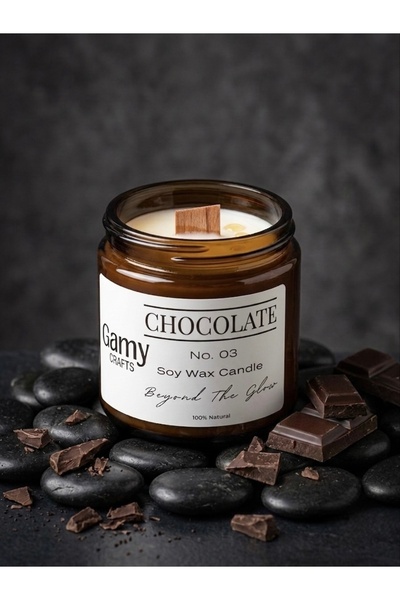 Gamy Crafts Çikolata Kokulu Mum - %100 Doğal Soya Mumu Ahşap Fitilli Dekoratif Amber Kavanoz - 100cc