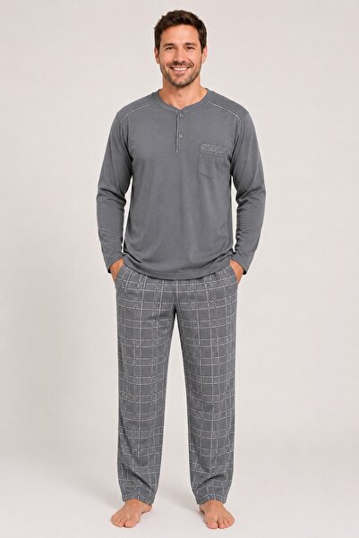 yula store Aysun Teksti̇l Men's Large Size Long Sleeve Pajama Set with Plaid ...