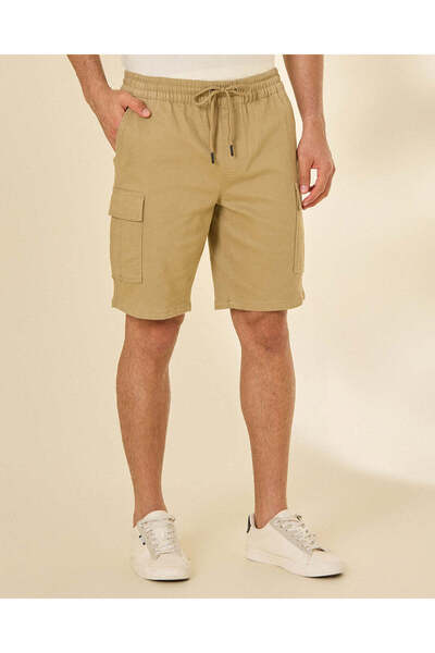 REDTAG Men Beige Cargo Knit Denim Shorts