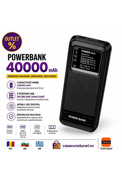 ASMXX Power Bank 40000 mAh, 3 Θύρες USB, Ψηφιακή Οθόνη LED, Ταυτόχρονη Φόρτισ...