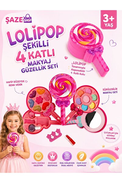 SAZE Lolipop Şekilli 4 Katlı Çocuk Makyaj Güzellik Seti | Renk Veren Far Ruj ...