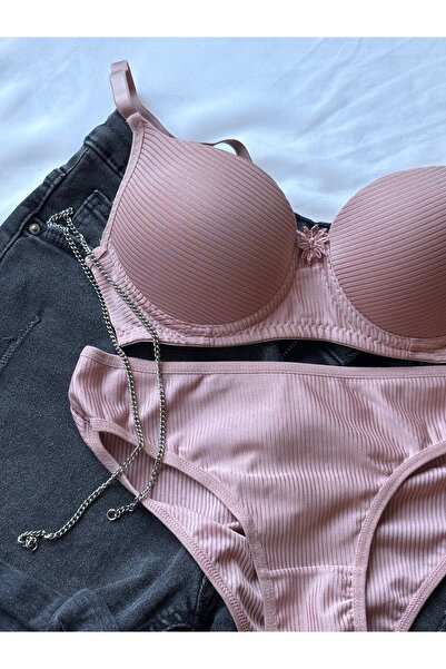 Ebru Kahve Destekli Push-Up Sütyen Takımı Mikro Kumaş Kadın İç Giyim 75-95 Beden
