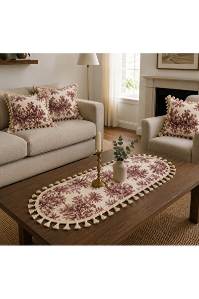 Luxoras Home Yeşil Bordo Fransız Köylü Desenli Duck Kumaş 30x80 Püsküllü Oval...