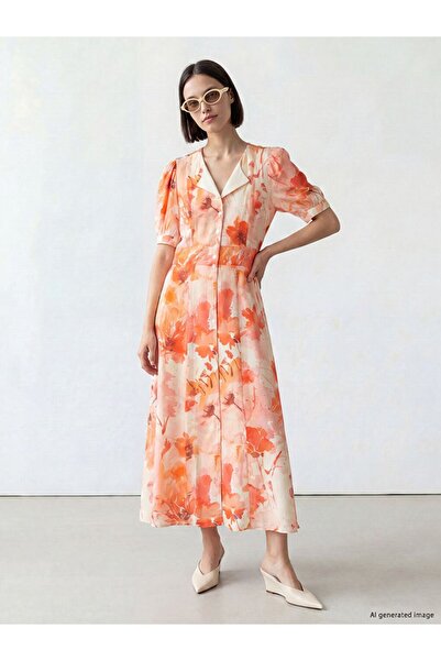LC Waikiki Lcw Comfort Ecru V-Neck Floral Dress