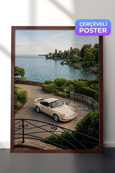 Postifull Poster sa pogledom na automobil i jezero, poster u smeđem okviru, s...