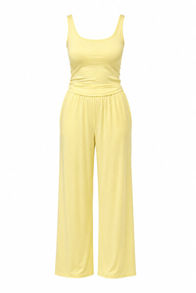 Butik Kadın açık sarı askılı atlet ve bol paçalı 2'li pijama takımı