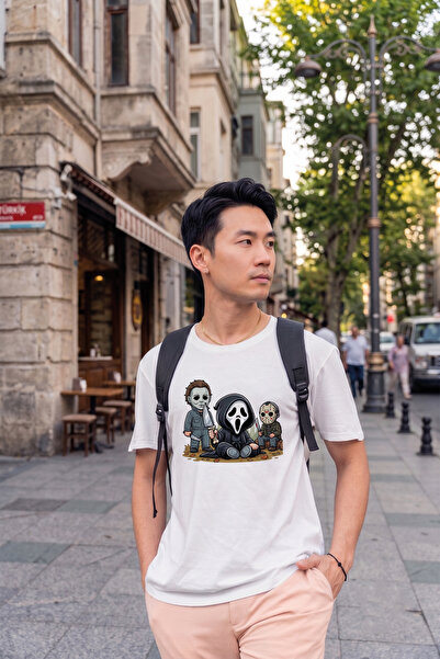 BAGAND Unisex Oversize Horror Characters Printed White T-Shirt Cotton Crew Ne...