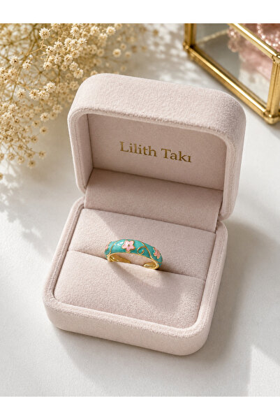 Lilith Takı Turquoise Enamel Daisy Patterned Adjustable Women's Ring |   Gold...