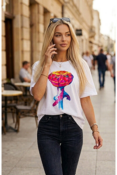 ILG Tricou Oversize Dama Alb cu Imprimeu Grafic Pop Art Lollipop, Bumbac Prem...