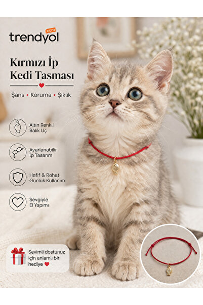 BNG AKSESUAR Adjustable Red Rope Cat Collar with Gold Fish Figure – Lightweig...