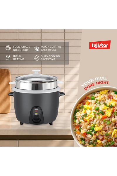 fujistar جهاز طهي الأرز 3 في 1 بقوة 700 واط وسعة 1.8 لتر، بسماكة هيكل 0.3 مم، غطاء زجاجي، كابل نحاسي 100%، وعاء بخار من الفولاذ 410 - موديل FSRC382