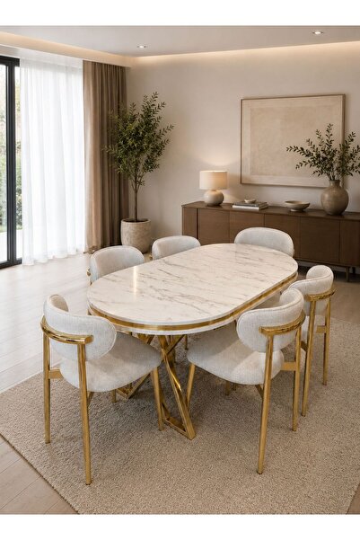 TOCE HOME Gold Serisi Beyaz Mermer Desenli MDF Masa ve 6 Sandalyeli Yemek Mas...