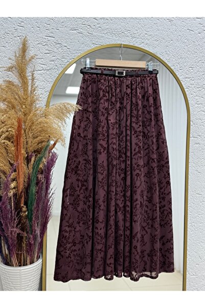 MİHRA STORE Country Style Lined Belted Organized Flocked Pattern Skirt-Ek752....
