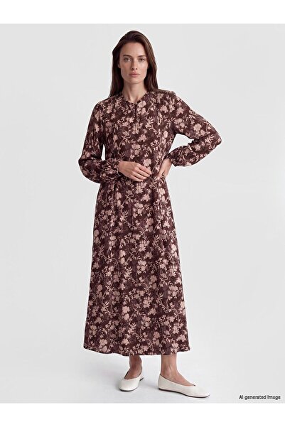 LC Waikiki Lcw Grace Brown High Neck Floral Dress