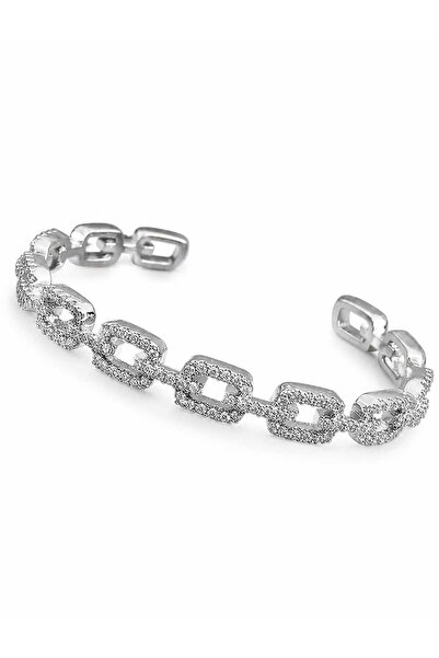 Nevara Women's Silver Plated Zircon Bracelet with Geometric Rings Design - El...