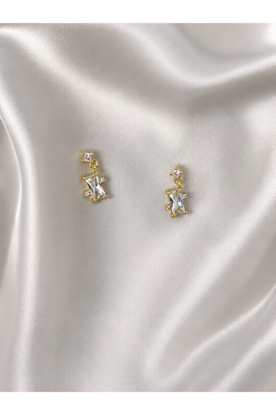 Lumel Takı Baget Zirkon Taşlı Sallantılı Gold Kadın Küpe | Zarif Minimal Tasarım