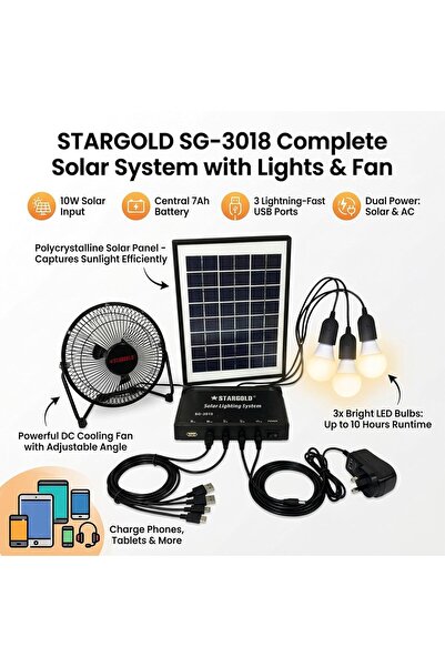 Stargold Solar Lighting System Kit with Solar Panel, Portable Fan, 3 LED Bulb...