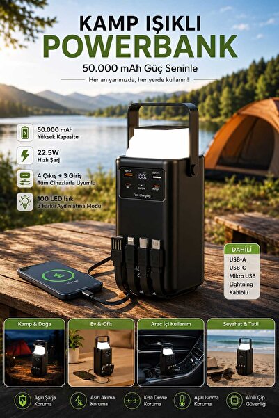 ABRAXTECH 50.000 mAh Kamp Işıklı Powerbank 22.5W Hızlı Şarj – Dahili 4 Kablo,...