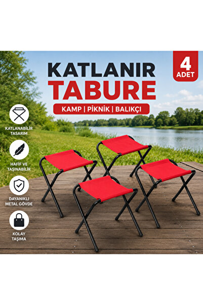 PraticalLife 4 ADET Kırmızı Katlanır tabure, kamp taburesi, piknik taburesi, ...